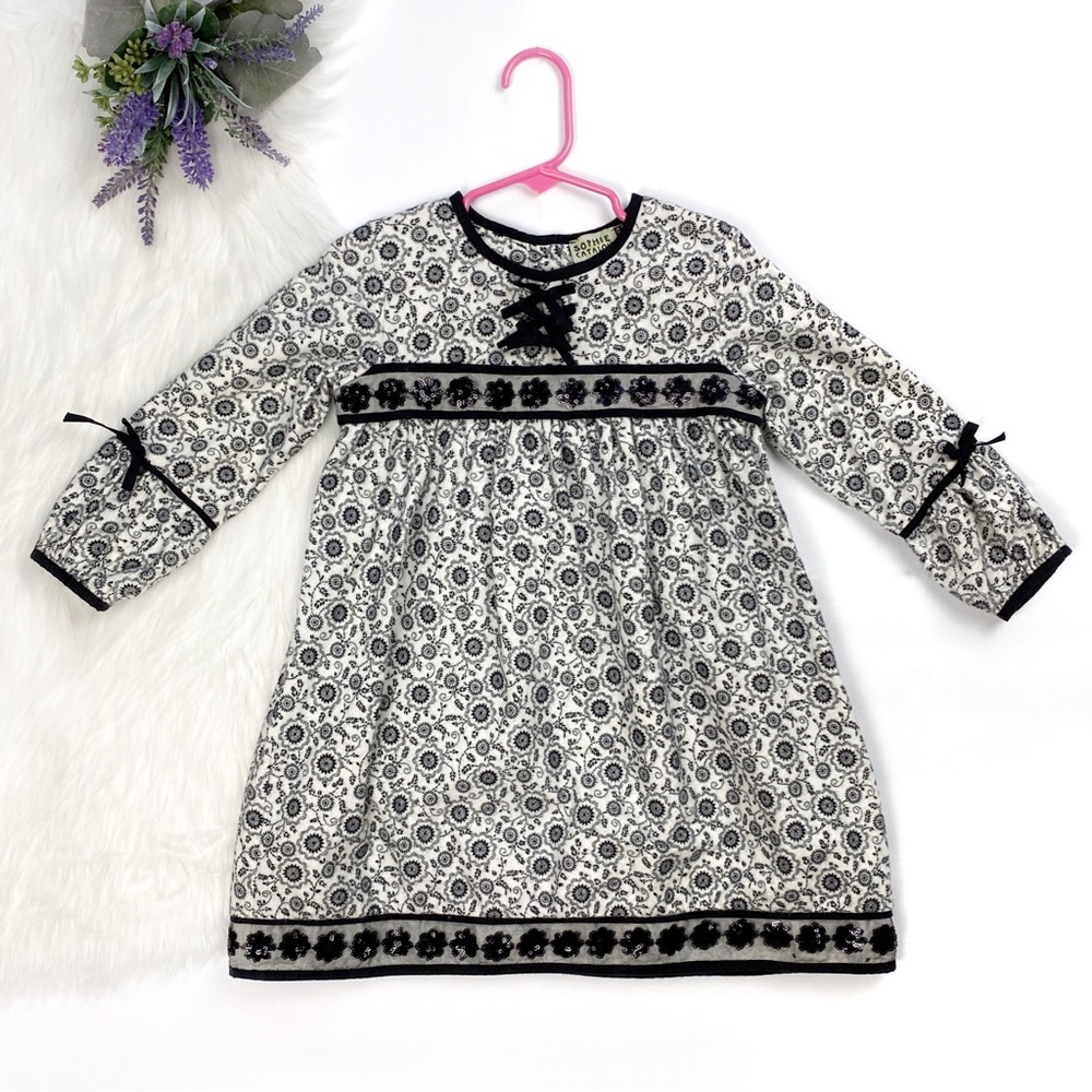 Sophie Catalou Girls Floral Print Long Sleeve Dress Black and White